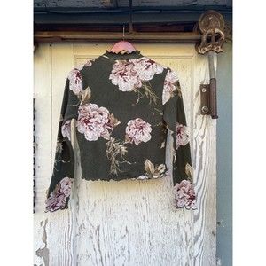 Charlotte Russe Knit Top Women's Large Green Flower Print Long Sleeve Grannycore